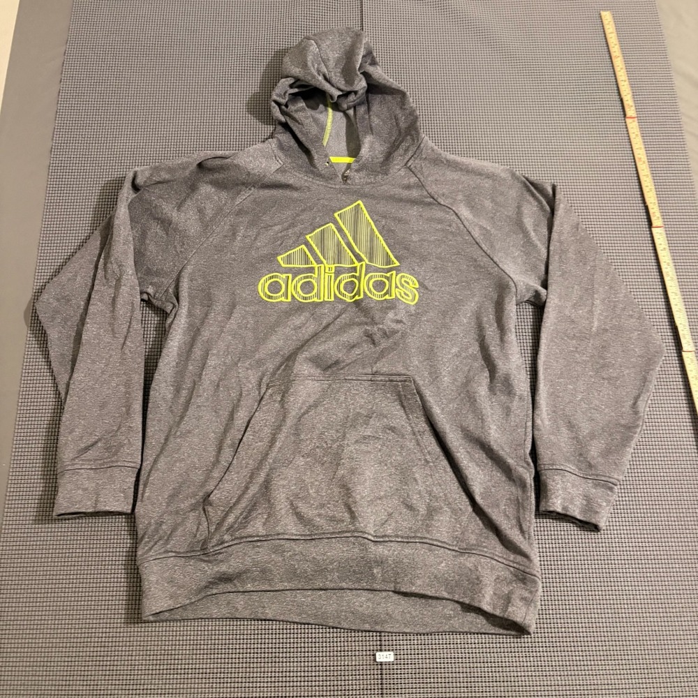 Adidas Mens Gray Heather Neon Yellow Logo Hoodie Sweatshirt Size Large